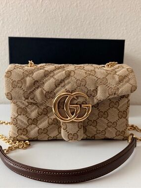 Gucci GG Marmont Mini Shoulder Bag Sand Brown Canvas Gold NWT Box Receipt